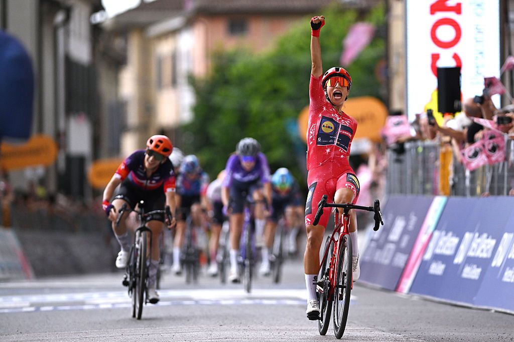 Elisa Balsamo of Italy and Team Lidl - Trek - Red Sprint Jersey celebrates at finish line as stage winner during the 37th Giro d&amp;apos;Italia Women 2026, Stage 6