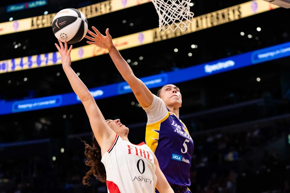 LA Sparks forward Dearica Hamby (5) goes for the block at a WNBA basketball game against the Portland Fire, Sunday June 7th, 2026 in Los Angeles, California. 