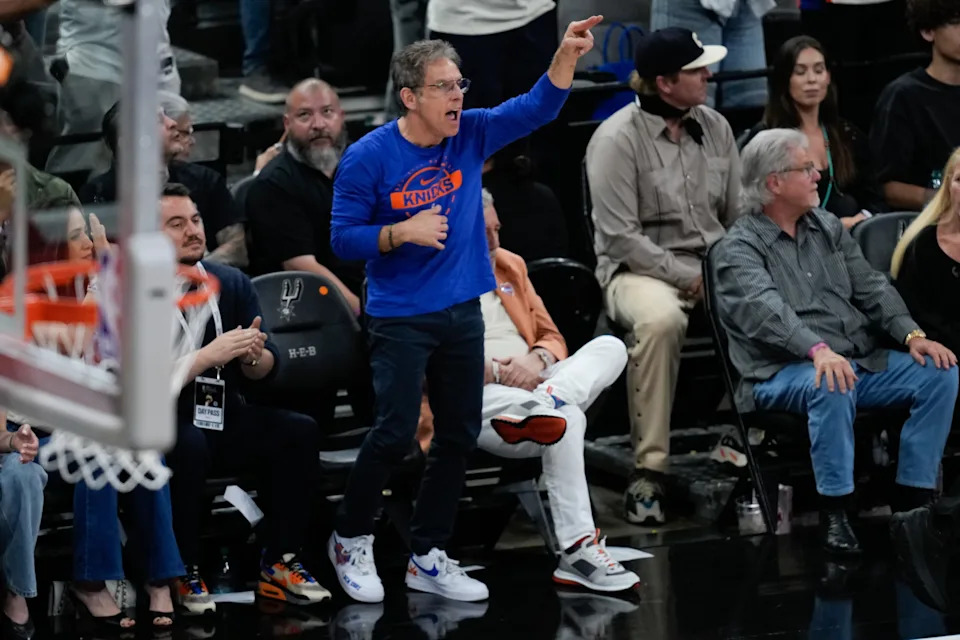 Ben Stiller watches during the first half of Game 2 of the NBA Finals.
