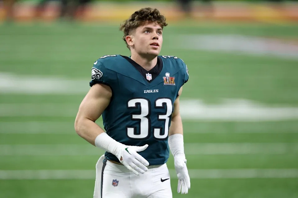 Cooper DeJean #33 of the Philadelphia Eagles jogs across the field before Super Bowl LIX against the Kansas City Chiefs Getty Images