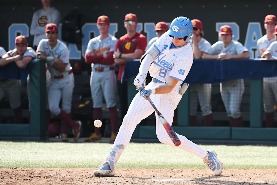 North Carolina outfielder Owen Hull (8) provides the game-winning hit against Southern California in the ninth inning of their super regional game at Boshamer Stadium.