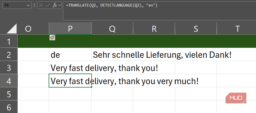 DETECTLANGUAGE and TRANSLATE Excel functions used in a formula on an Excel spreadsheet.
