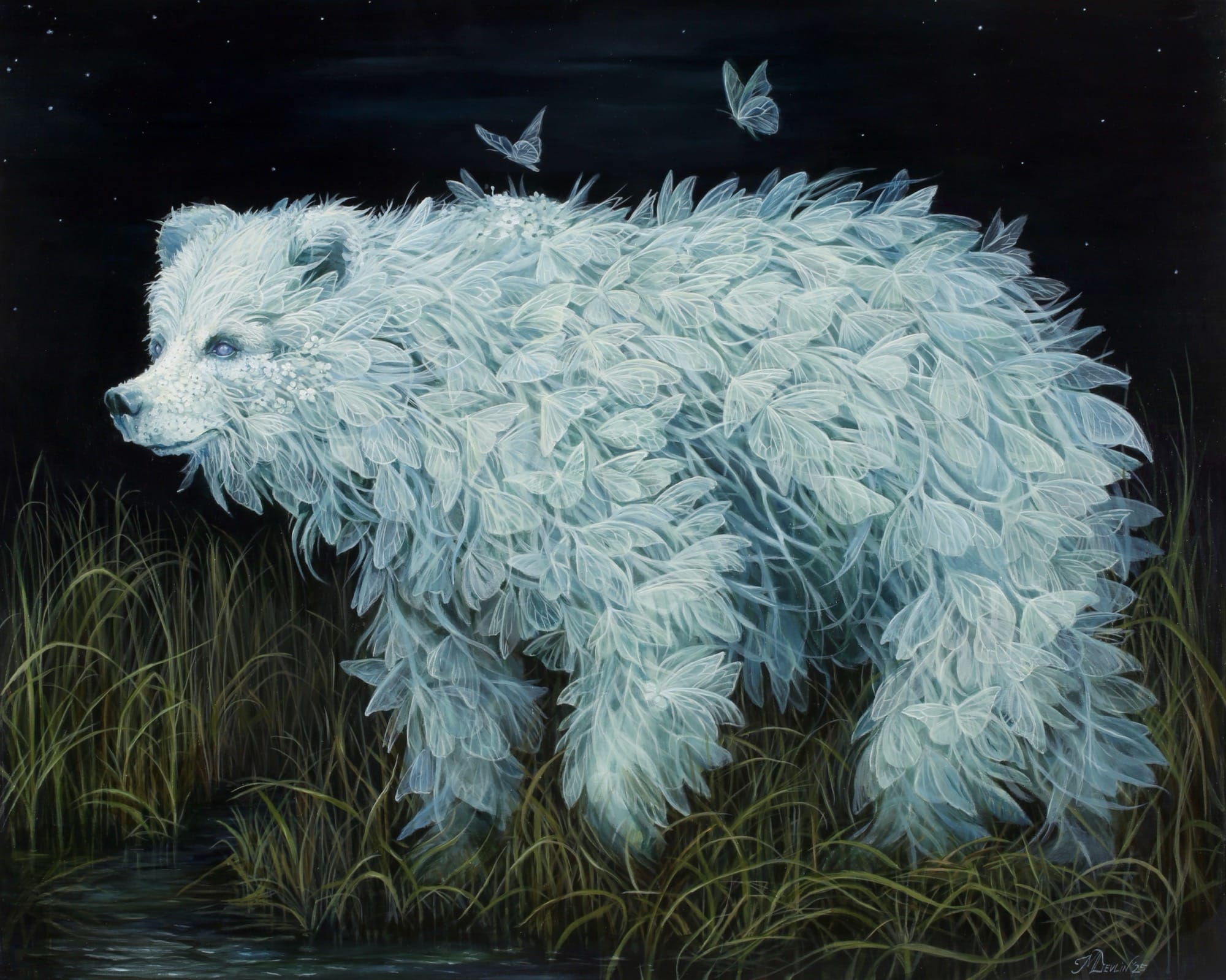 an acrylic painting of a white bear with a body composed of ghostly butterflies