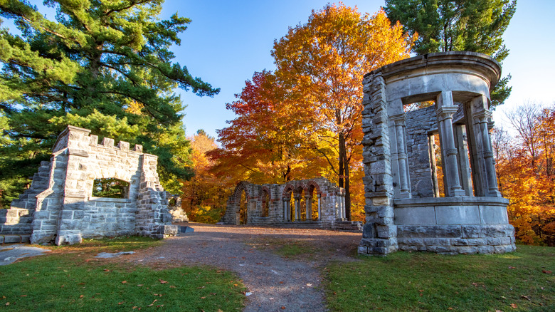 Architectural ruins in Gatineau Park in Ottawa, Canada during the fall