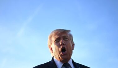 US President Donald Trump addresses the media on the tarmac after arriving at Paris Orly Airport.