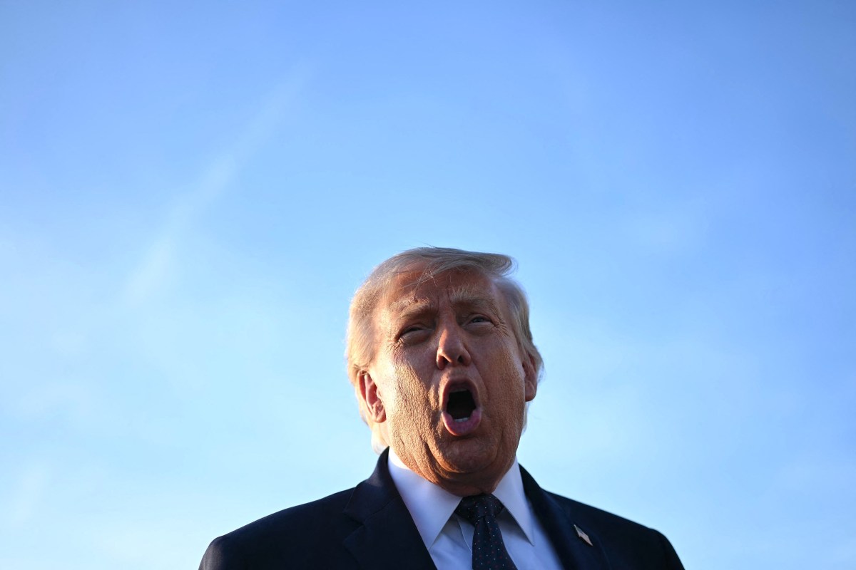 US President Donald Trump addresses the media on the tarmac after arriving at Paris Orly Airport.