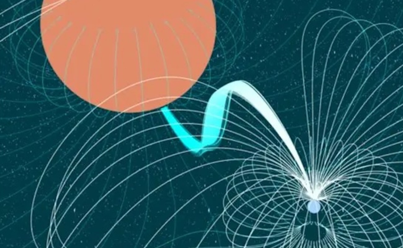 An illustration depicting a planet with magnetic field lines and solar interactions in a starry background.