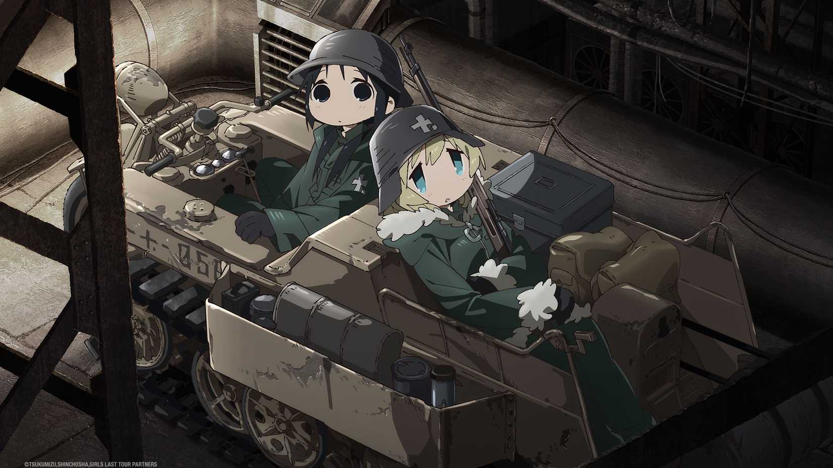Chito and Yuuri sit in their half-track motorcycle in Girls’ Last Tour