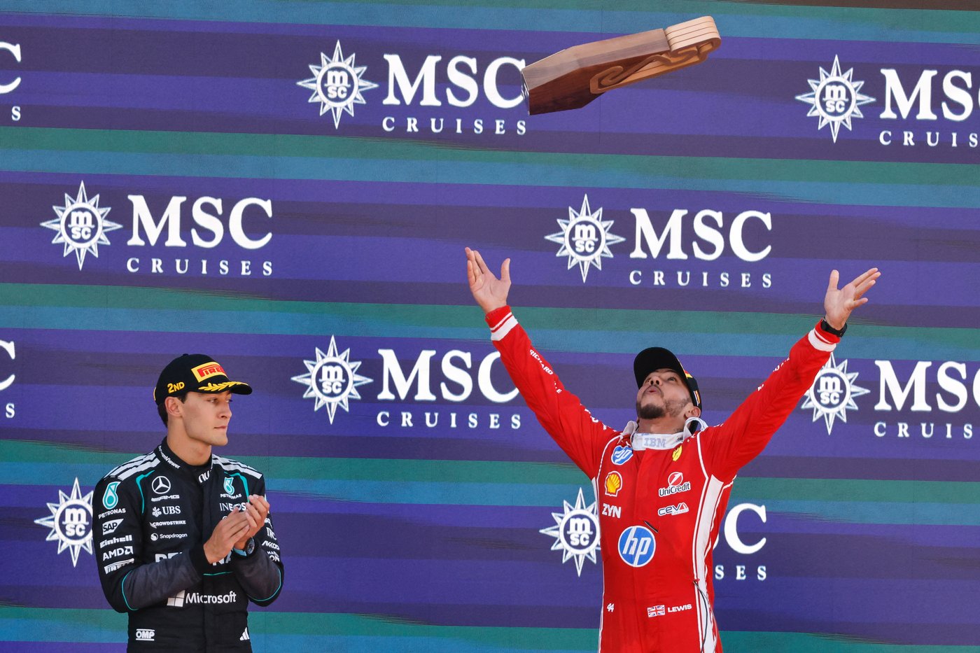 Hamilton celebrates 1st victory with Ferrari after winning Barcelona GP as Antonelli breaks down | iNFOnews.ca
