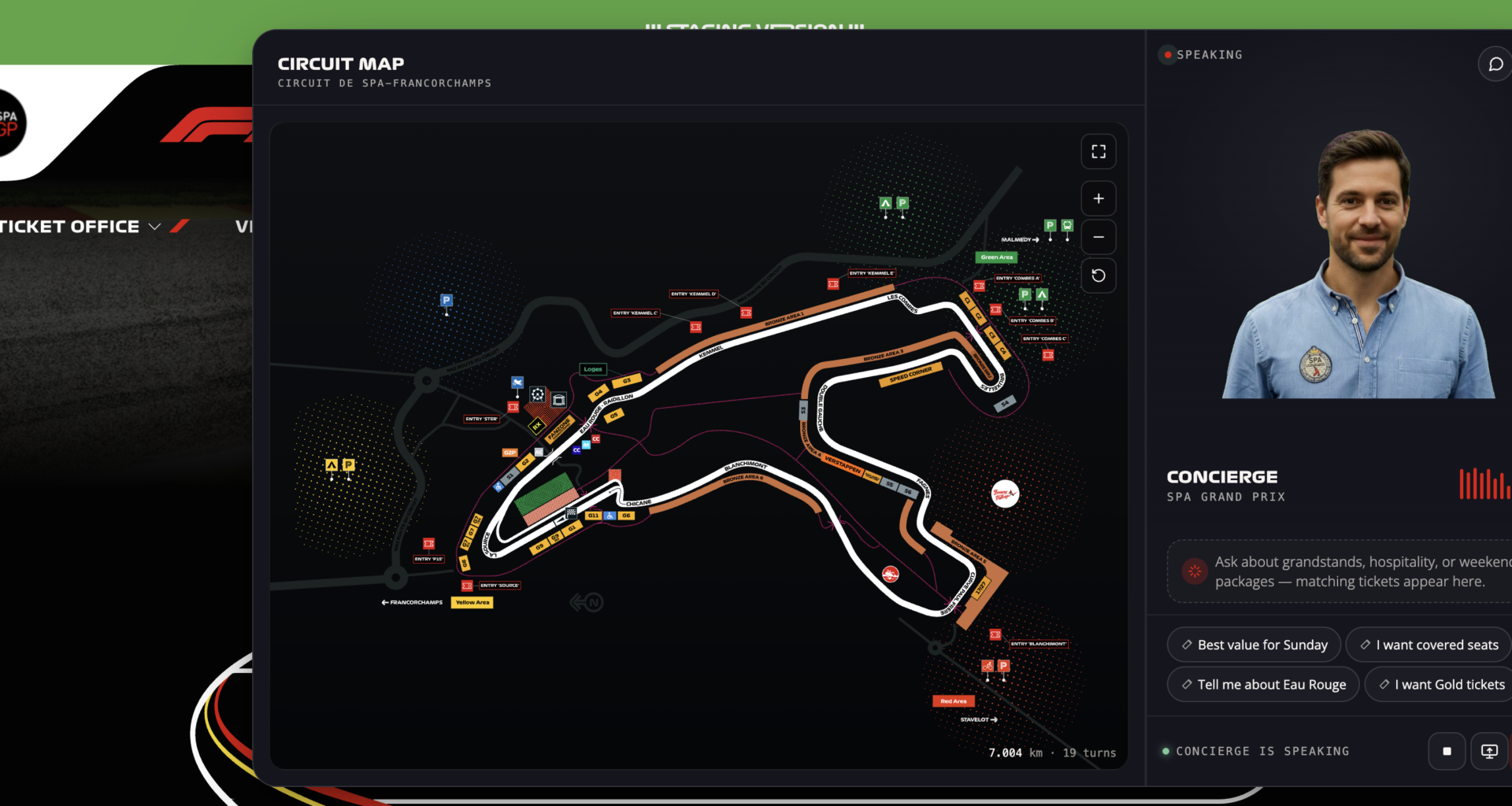 An overhead view of the Spa Grand Prix circuit on spagrandprix.com, with AI agent Jack describing available tickets and hospitality options.