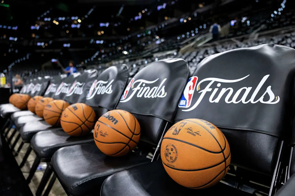Basketballs line the bench prior to the start of Game 2 of the NBA Finals at Frost Bank Center in San Antonio on Friday, June 5, 2026. (Katina Zentz/San Antonio Express-News)