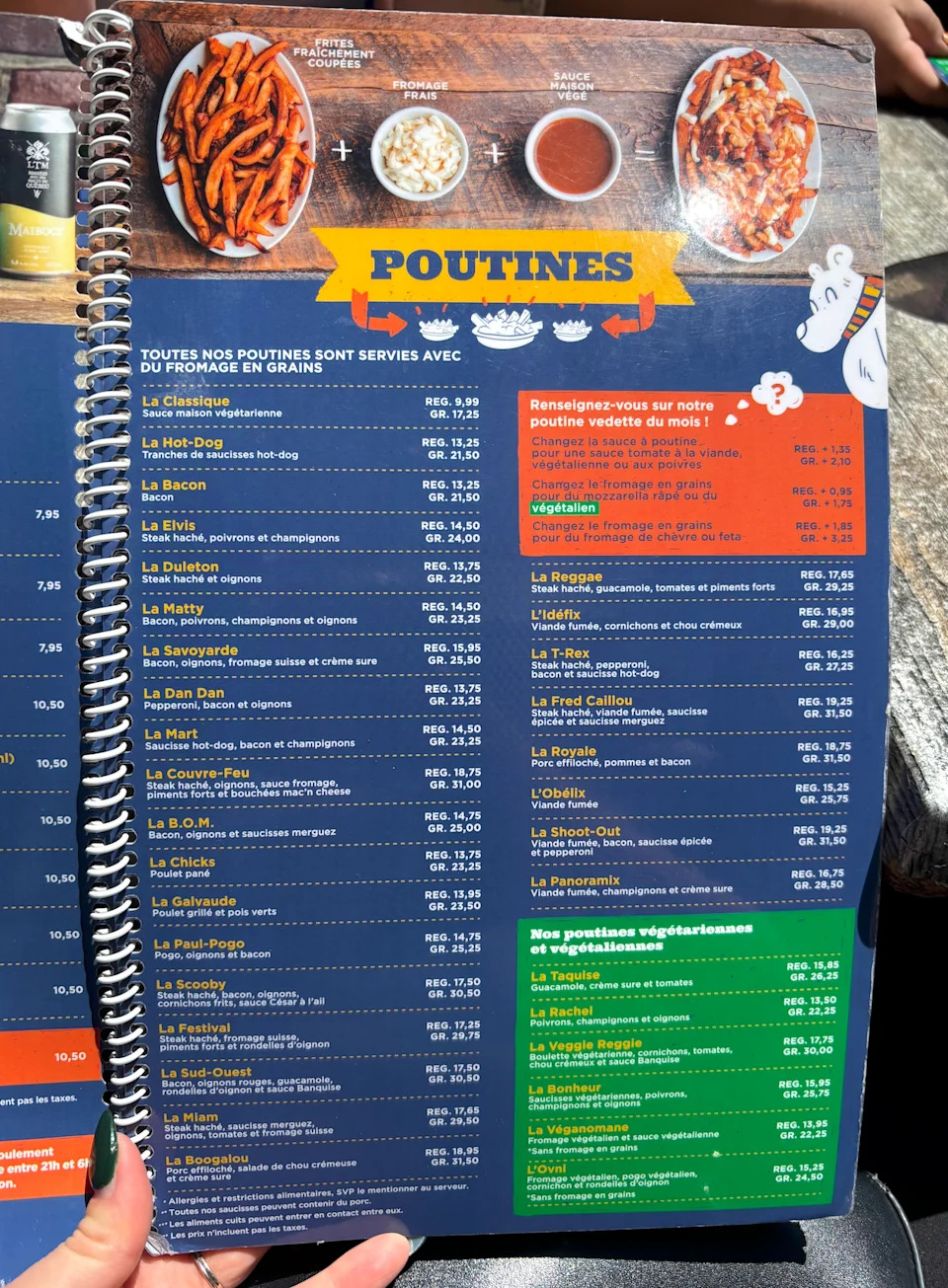 Menu page featuring various poutine options with descriptions and prices. Includes a specials section and allergen information