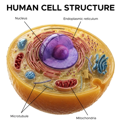 A 3D cross-section illustration of a human cell showing organelles like the nucleus and mitochondria.