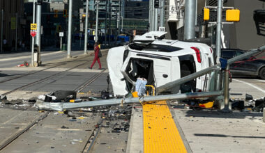 One hospitalized after collision in downtown Edmonton that disrupted LRT service