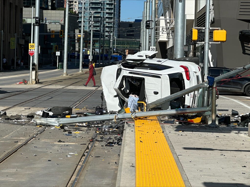 One hospitalized after collision in downtown Edmonton that disrupted LRT service