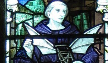 Cropped image of Stained glass window showing Eilmer, installed in Malmesbury Abbey in 1920
