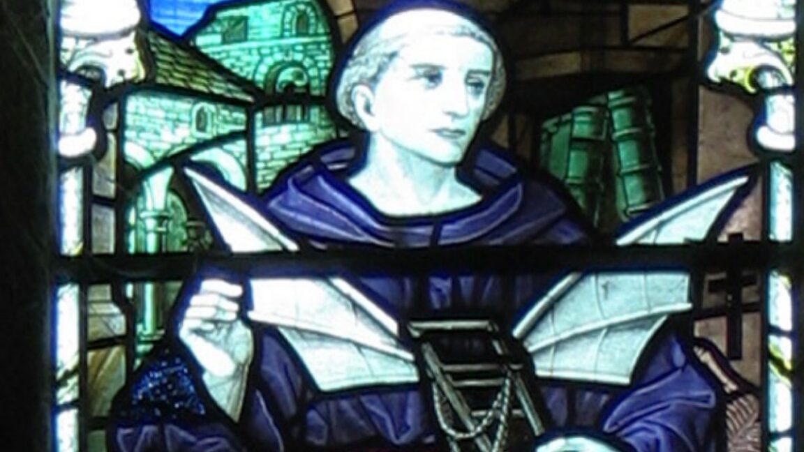 Cropped image of Stained glass window showing Eilmer, installed in Malmesbury Abbey in 1920