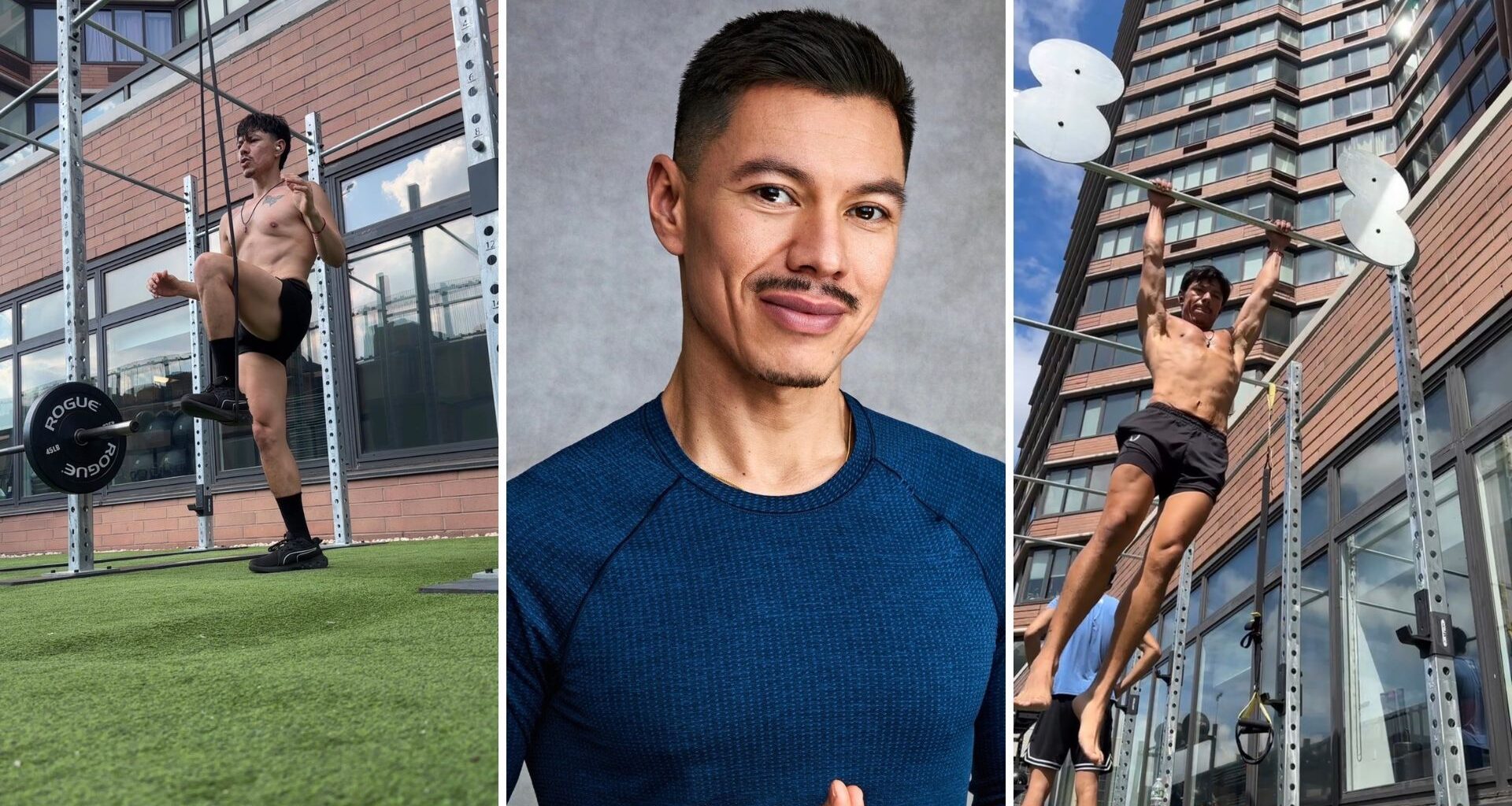 Three photographs of the same man side by side. The center image is a posed headshot. Either side are photos of him exercising outdoors