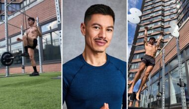 Three photographs of the same man side by side. The center image is a posed headshot. Either side are photos of him exercising outdoors