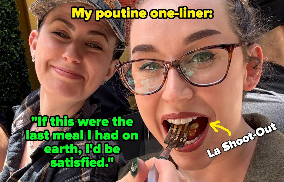 Two people enjoying a meal outdoors. One person, wearing glasses and a green top, is eating with a fork. The other smiles in a plaid shirt and cap