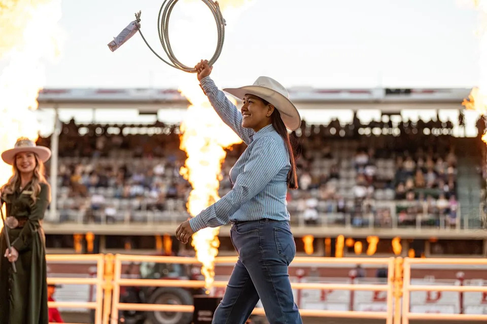 Justine Begay of Fountain Hills, Ariz., won the ladies breakaway roping competition at the inagural Calgary Stampede First Nations Rodeo and Relay at GMC Stadium on June 13, 2026.