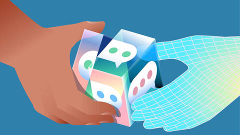 Illustration of person using AI to craft language.