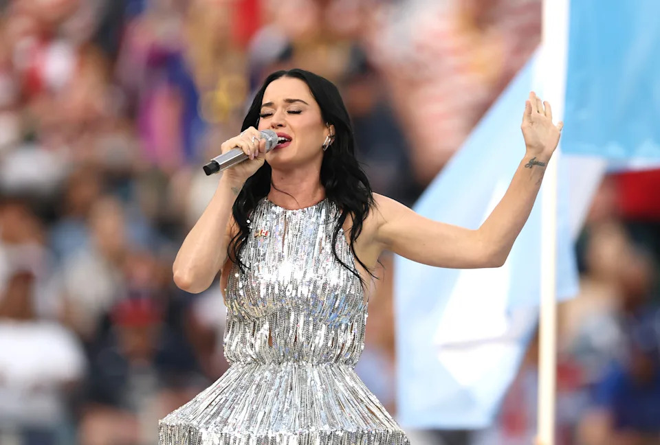 LOS ANGELES, CALIFORNIA - JUNE 12: Katy Perry performs during the Parade of Nations before the FIFA World Cup 2026 Group D match between USA and Paraguay at Los Angeles Stadium on June 12, 2026 in Los Angeles, California. (Photo by Jared C. Tilton - FIFA/FIFA via Getty Images)