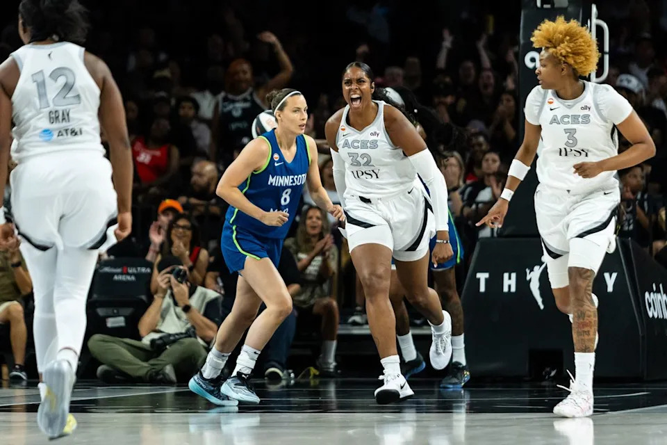 Las Vegas Aces forward Cheyenne Parker-Tyus (32) yells in celebration after an Aces’ scored basket during a WNBA game between the Las Vegas Aces and the Minnesota Lynx, Saturday June 13, 2026 in Las Vegas, Nev.