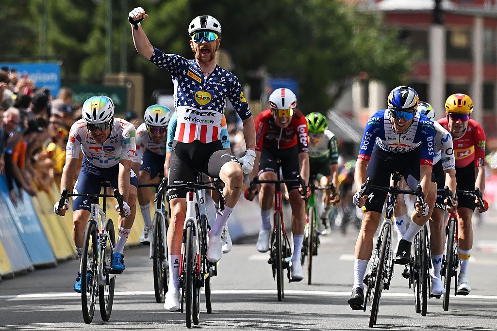 MONTROND-LES-BAINS, FRANCE - JUNE 10: Quinn Simmons of United States and Team Lidl - Trek celebrates at finish line as stage winner ahead of (L-R) Matteo Vercher of France and Team TotalEnergies and Finn Fisher-Black of New Zealand and Team Red Bull - BORA - hansgrohe during the 78th Tour Auvergne-Rhone-Alpes 2026, Stage 4 a 167.4km stage from Le Puy-en-Velay to Montrond-les-Bains / #UCIWT / on June 10, 2026 in Montrond-les-Bains, France. (Photo by Dario Belingheri/Getty Images)