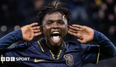 Zadok Yohanna cups both ears in celebration and sticks his tongue after scoring for AIK Stockholm