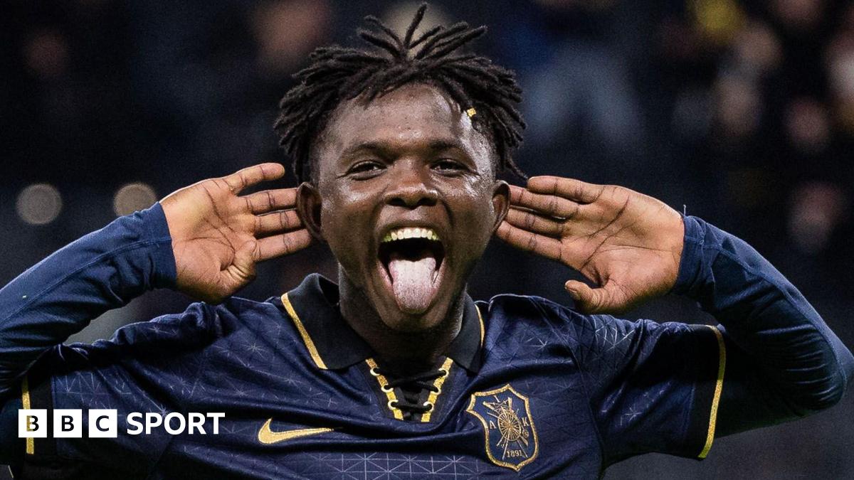 Zadok Yohanna cups both ears in celebration and sticks his tongue after scoring for AIK Stockholm