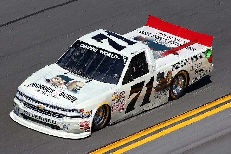 DAYTONA BEACH, FL - FEBRUARY 18: Carlos Contreras drives the #71 Bellator Chevrolet during practice for the NASCAR Camping World Truck Series NextEra Energy Resources 250 at Daytona International Speedway on February 18, 2016 in Daytona Beach, Florida. (Photo by Sarah Crabill/NASCAR via Getty Images)