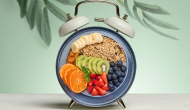 Alarm clock with a dial replaced by a plate full of a healthy breakfast. The plate contains granola, banana slices, kiwi, tangerine, strawberries, and blueberries. Green background