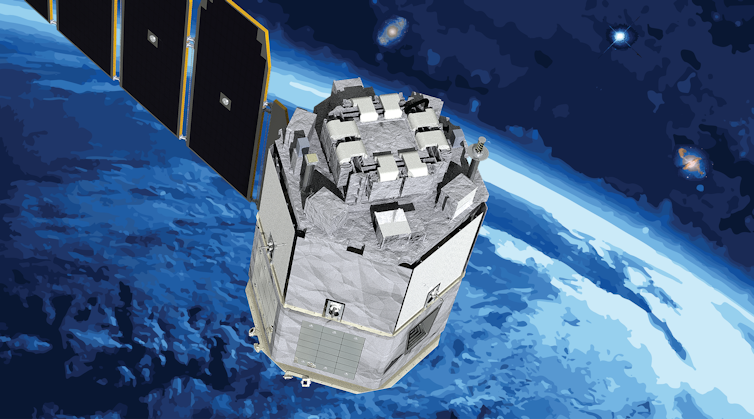 An illustration of a telescope which is cylindrical with a solar panel off on its side.