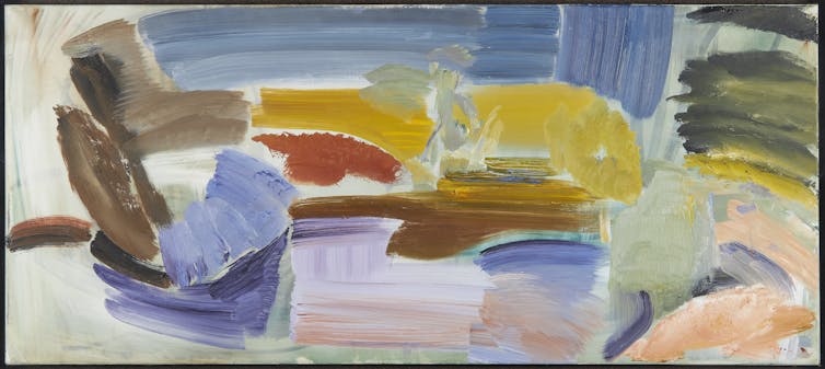 Abstract painting of a river and surrounding bank.