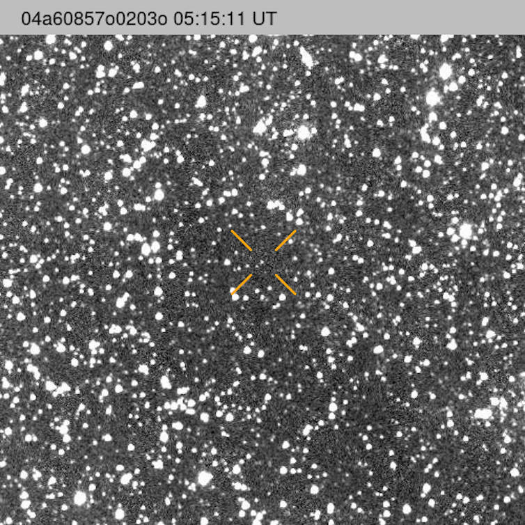 An animation with a highlighted dot moving through a sea of stars.