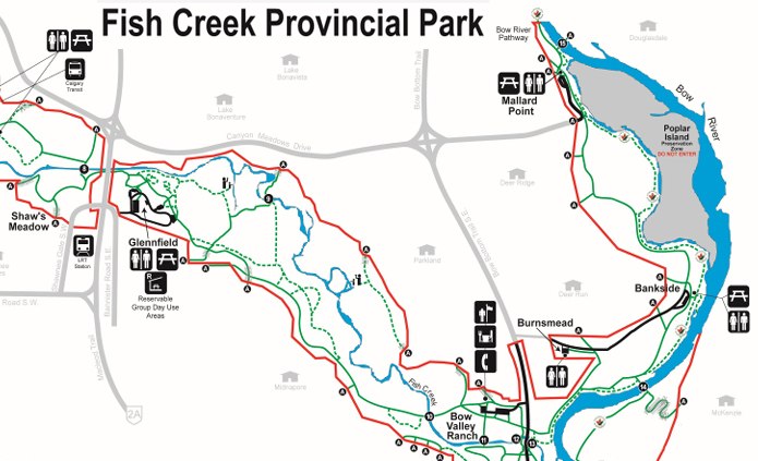 Calgary police say all three of the sexual assaults took place in Fish Creek Park near Mallard Point (upper right) or the Sue Higgins Bridge.