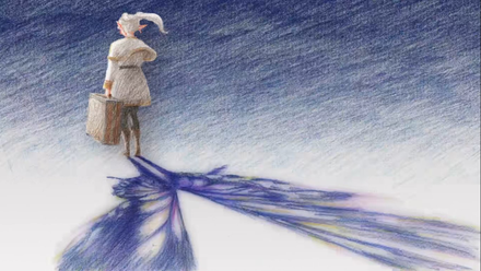 Art of Freiren holding her bags and her shadow casting the image of a butterfly from the season 2 ending visuals