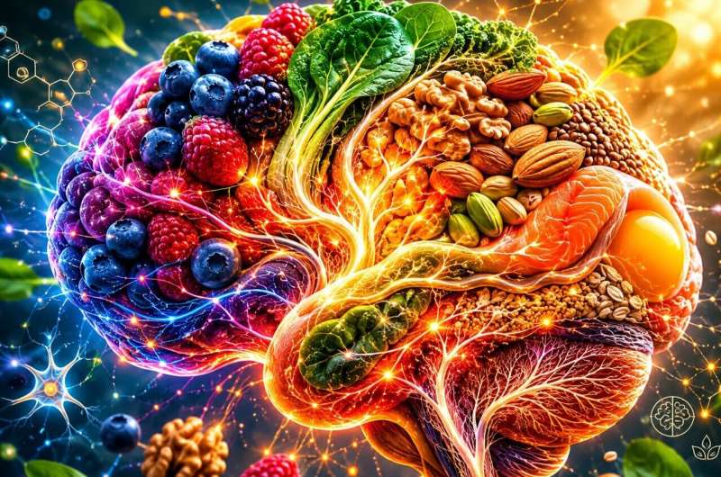 An artistic fusion of a glowing human brain and vibrant whole foods, symbolizing the lifelong connection between nutrition and cognitive health. Generated by AI tools for illustrative purposes From a baby's first bite to Grandpa's dinner plate, diet seems to tune learning and memory—but the evidence is mixed.