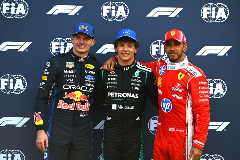 MONTE-CARLO, MONACO - JUNE 06: Pole position qualifier Andrea Kimi Antonelli of Italy and Mercedes AMG Petronas F1 Team Second placed qualifier Max Verstappen of the Netherlands and Oracle Red Bull Racing and Third placed qualifier Lewis Hamilton of Great Britain and Scuderia Ferrari look on during qualifying ahead of the F1 Grand Prix of Monaco at Circuit de Monaco on June 06, 2026 in Monte-Carlo, Monaco. (Photo by Rudy Carezzevoli/Getty Images)