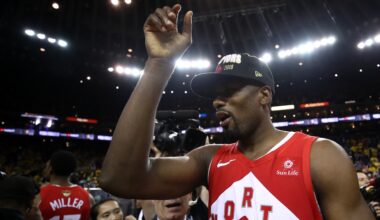 Serge Ibaka is seen on the court wearing an championship hat, after Raptors won the title in 2019.