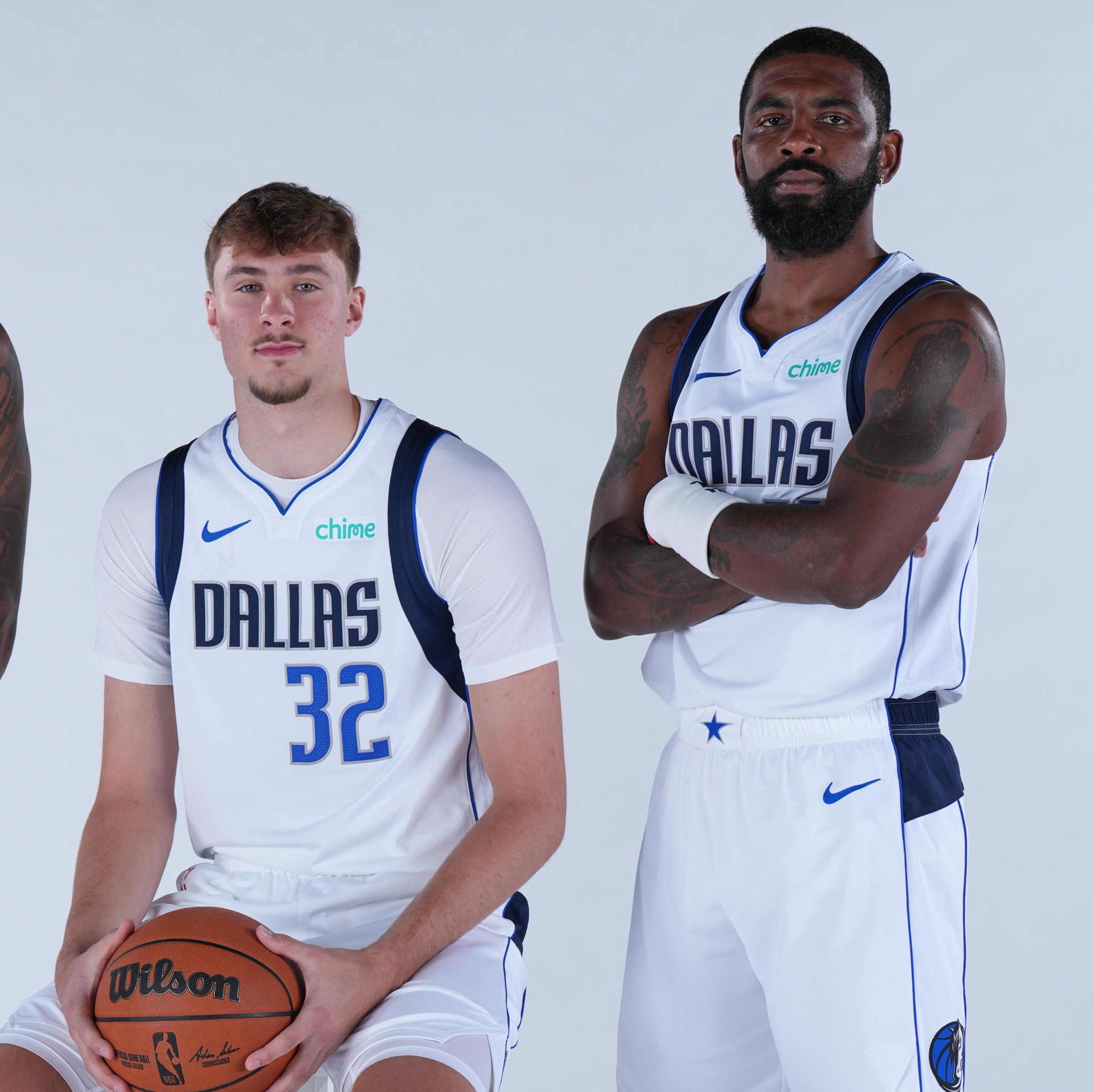 DALLAS, TEXAS - SEPTEMBER 29: Dereck Lively II #2 , Kyrie Irving #11 and Cooper Flagg #32 of the Dallas Mavericks poses for a portrait during media day on September 29, 2025 at the American Airlines Center in Dallas, Texas. NOTE TO USER: User expressly acknowledges and agrees that, by downloading and or using this Photograph, user is consenting to the terms and conditions of the Getty Images License Agreement. Mandatory Copyright Notice: Copyright 2025 NBAE (Photo by Glenn James/NBAE via Getty Images)