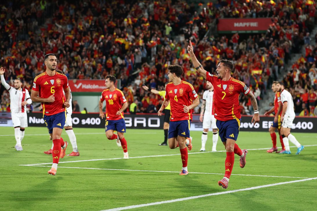 Yeremy Pino of Spain celebrates scoring his team's first goal during the FIFA World Cup 2026 qualifier match between Spain and Georgia at Estadio Manuel Martinez Valero on October 11, 2025.