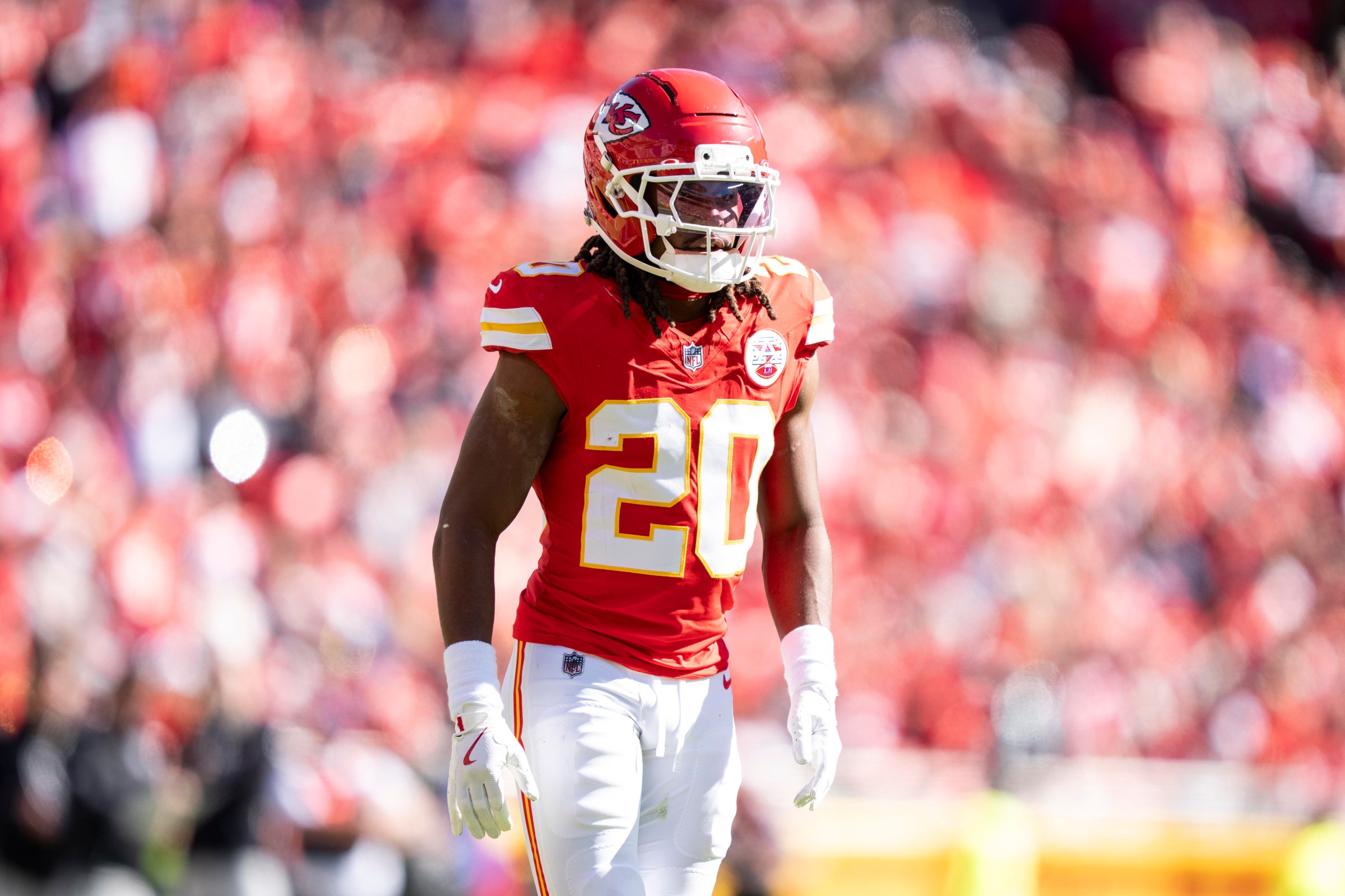 KANSAS CITY, MISSOURI - OCTOBER 19: Nohl Williams #20 of the Kansas City Chiefs looks on during an NFL football game against the Las Vegas Raiders at GEHA Field at Arrowhead Stadium on October 19, 2025 in Kansas City, Missouri. (Photo by Michael Owens/Getty Images)