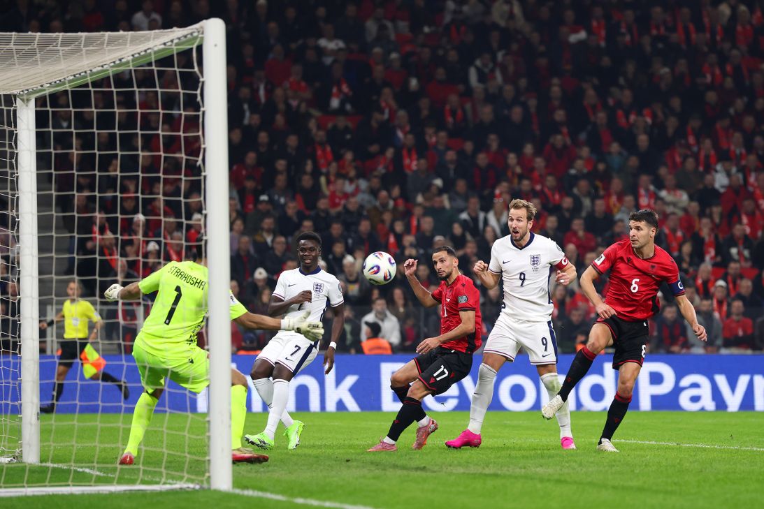Harry Kane of England scores his team's second goal during the FIFA World Cup 2026 qualifier match between Albania and England at Air Albania Stadium on November 16, 2025.