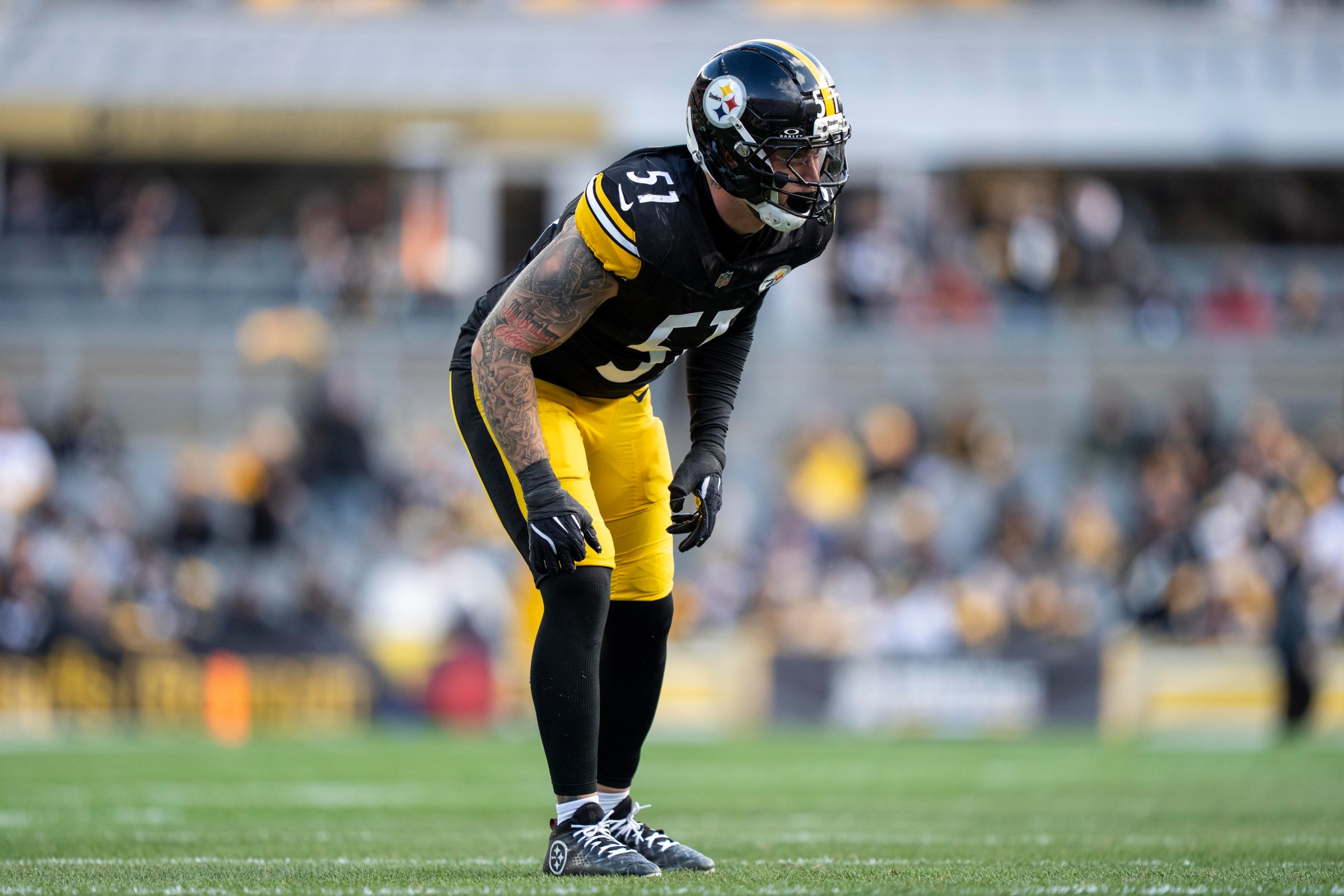 PITTSBURGH, PENNSYLVANIA - NOVEMBER 16: Nick Herbig #51 of the Pittsburgh Steelers lines up during an NFL football game against the Cincinnati Bengals at Acrisure Stadium on November 16, 2025 in Pittsburgh, Pennsylvania. (Photo by Michael Owens/Getty Images)