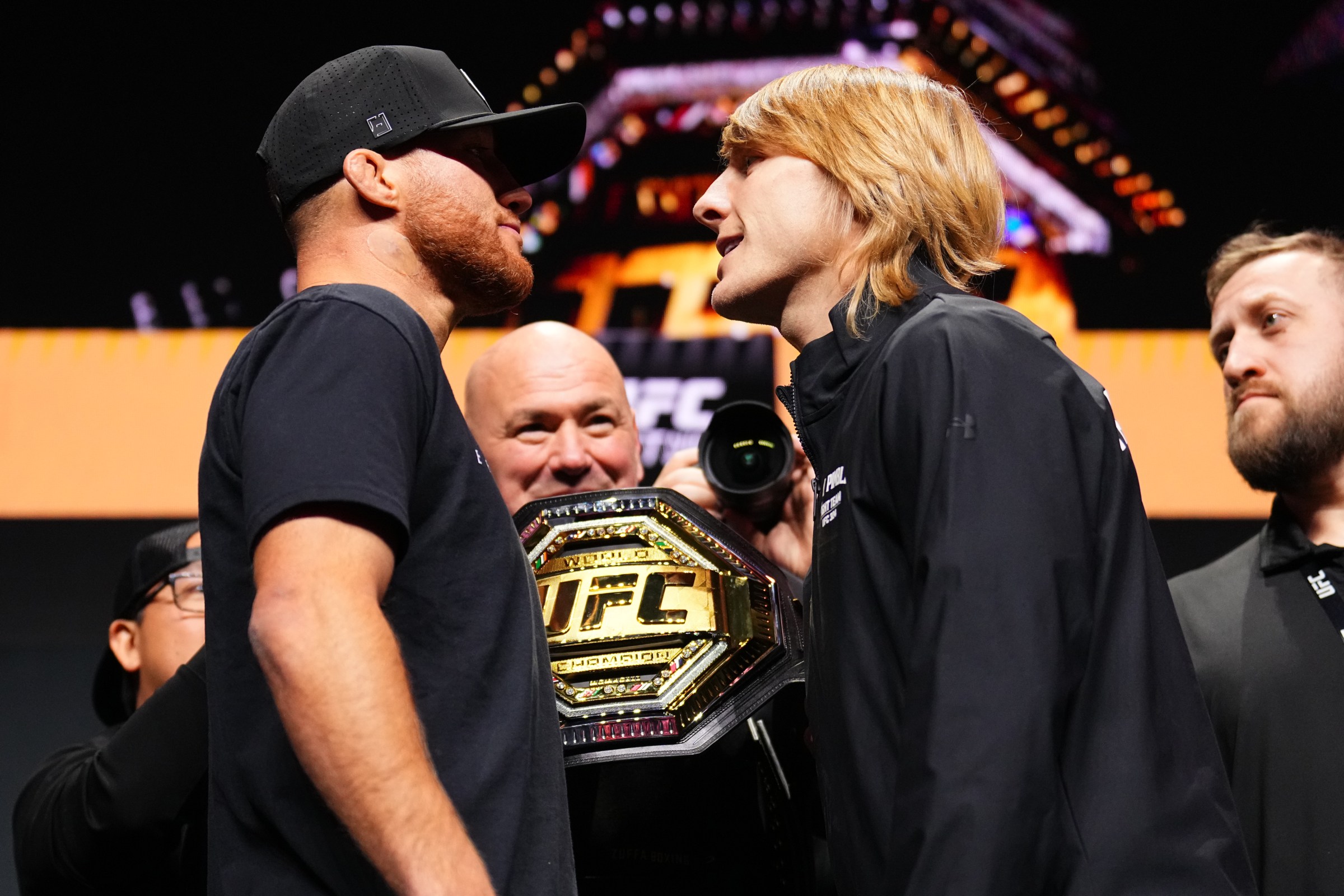 LAS VEGAS, NEVADA – JANUARY 22: (L-R) Justin Gaethje and Paddy Pimblett of England face off during the UFC 324 press conference at T-Mobile Arena on January 22, 2026 in Las Vegas, Nevada. (Photo by Chris Unger/Zuffa LLC)