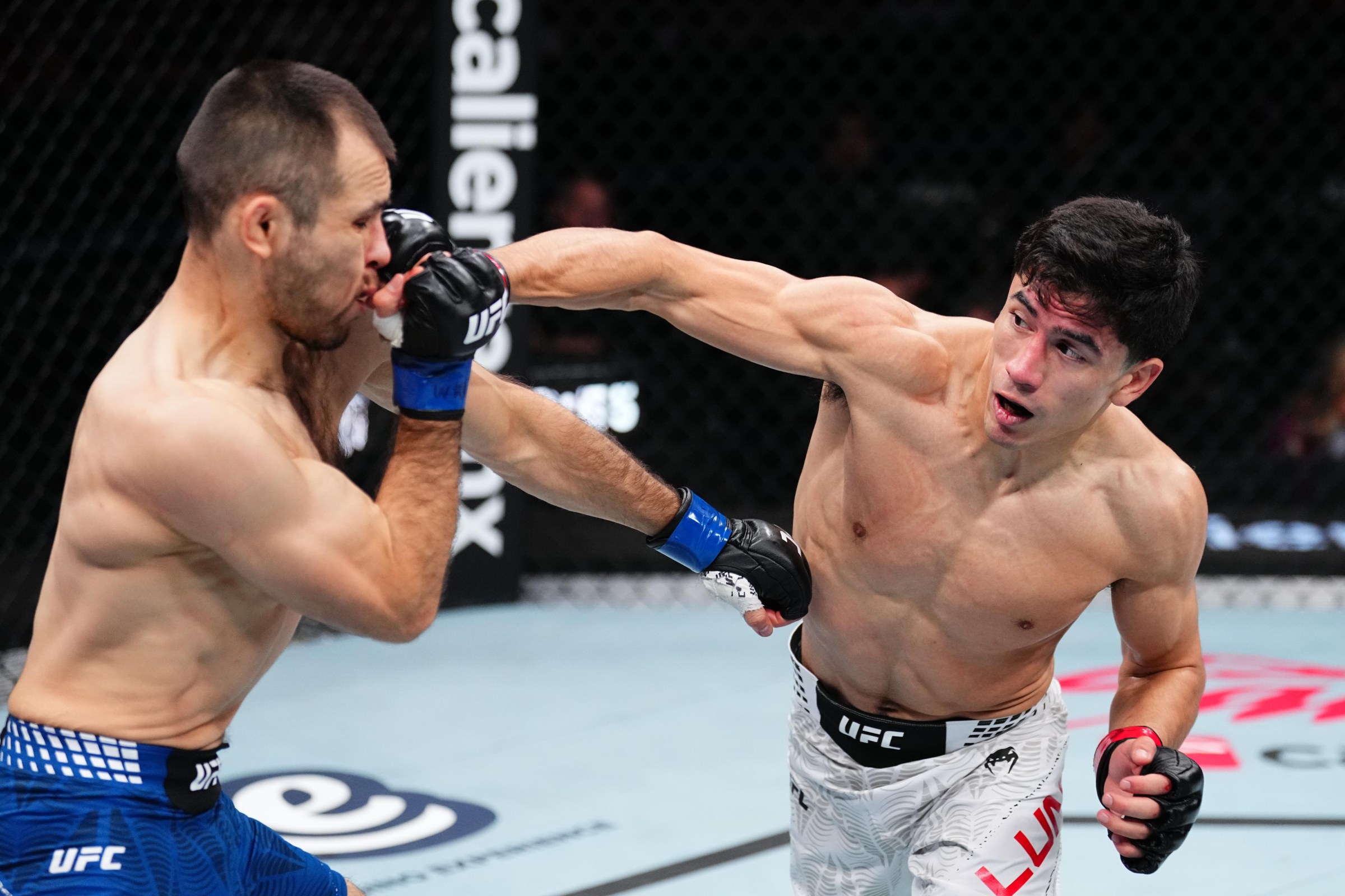 MEXICO CITY, MEXICO - FEBRUARY 28: (R-L) Santiago Luna punches Angel Pacheco in a bantamweight fight during the UFC Fight Night event at Arena CDMX on February 28, 2026 in Mexico City, Mexico. (Photo by Jeff Bottari/Zuffa LLC)