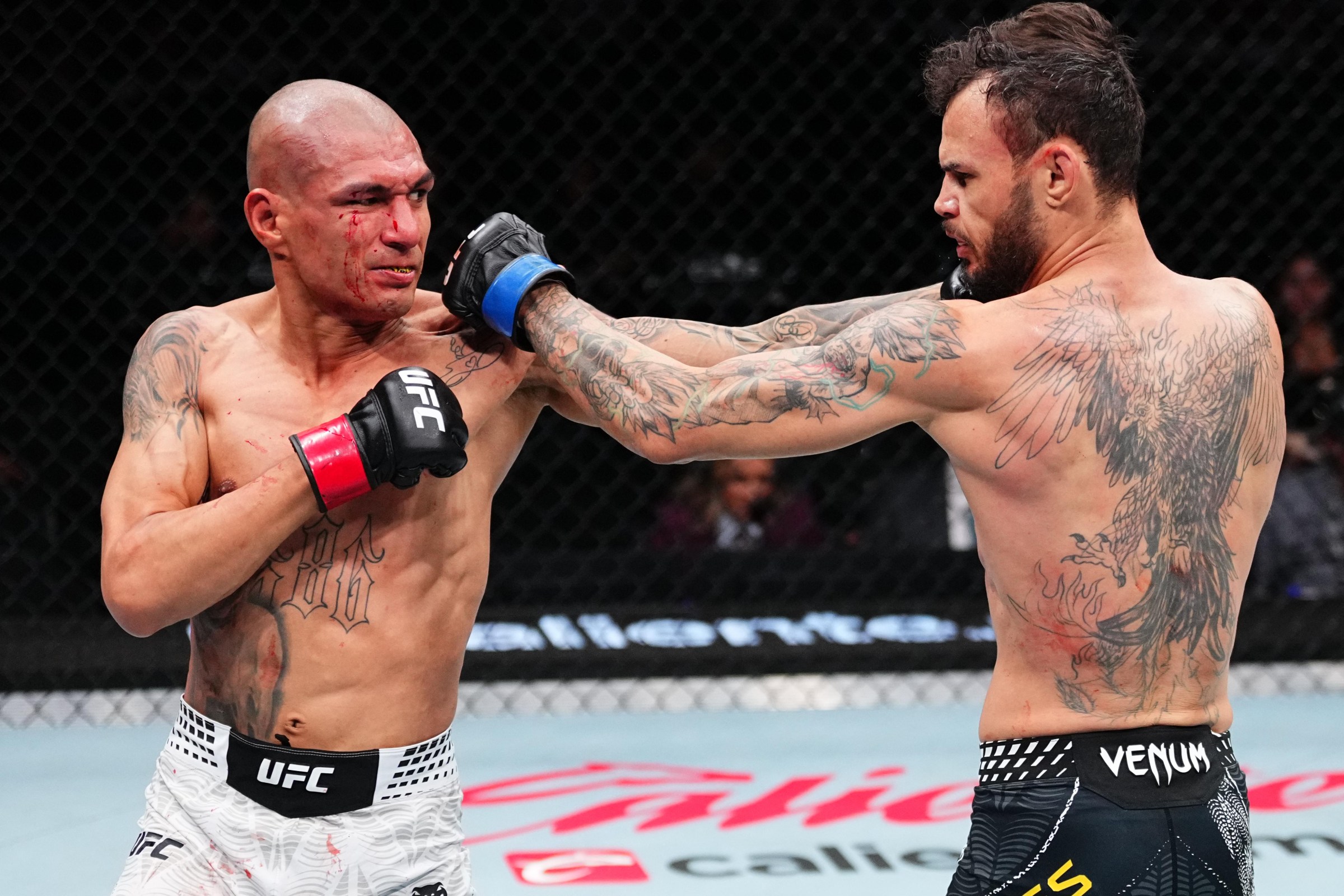 MEXICO CITY, MEXICO - FEBRUARY 28: (L-R) Edgar Chairez of Mexico punches Felipe Bunes of Brazil in a flyweight fight during the UFC Fight Night event at Arena CDMX on February 28, 2026 in Mexico City, Mexico. (Photo by Jeff Bottari/Zuffa LLC)