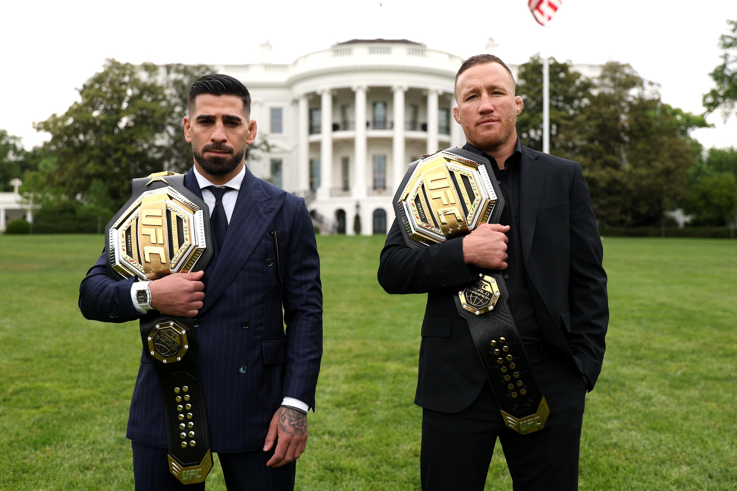 WASHINGTON, DC - MAY 06: (L-R) Ilia Topuria and Justin Gaethje pose on the South Lawn in front of the White House on May 06, 2026 in Washington, DC. (Photo by Scott Taetsch/Zuffa LLC)